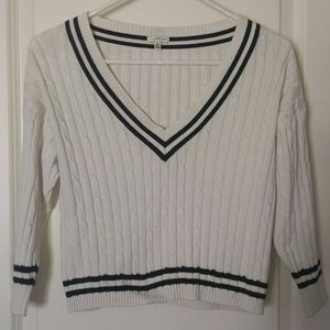 H81 WHITE NAVY PREPPY CROP 3/4 CABLE SWEATER S